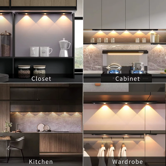 Collage of different types of cabinets including a closet, cabinet, kitchen, and wardrobe with lighting fixtures.