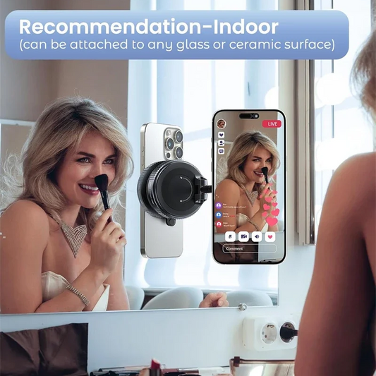 Woman using magnetic phone holder on mirror for live streaming