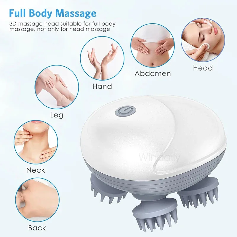 Massage device with images of different body parts indicating use cases.