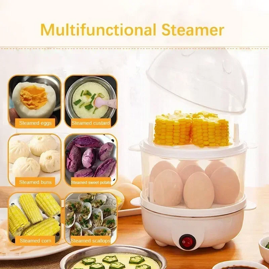 omplete product packaging—egg cooker, double trays, lid, measuring cup.
