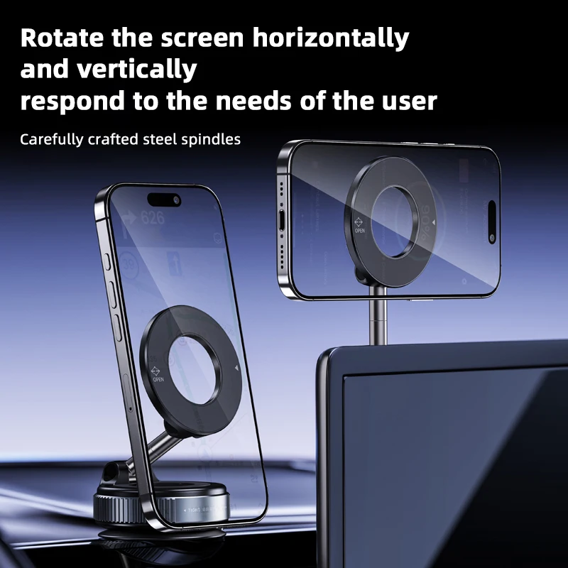 Phone stand with screen rotation feature on a car dashboard