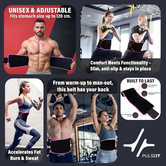 Advertisement for a waist belt with various features and uses, featuring people exercising in a gym setting.