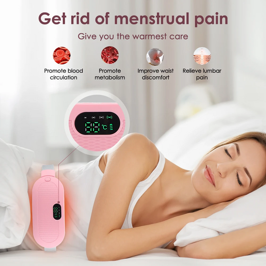 Woman using a pink electronic device on her abdomen with text about menstrual pain relief.
