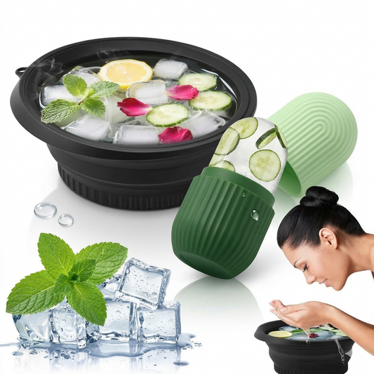 Collage of a black bowl with ice and cucumbers, a green silicone ball, and a woman using a similar product.