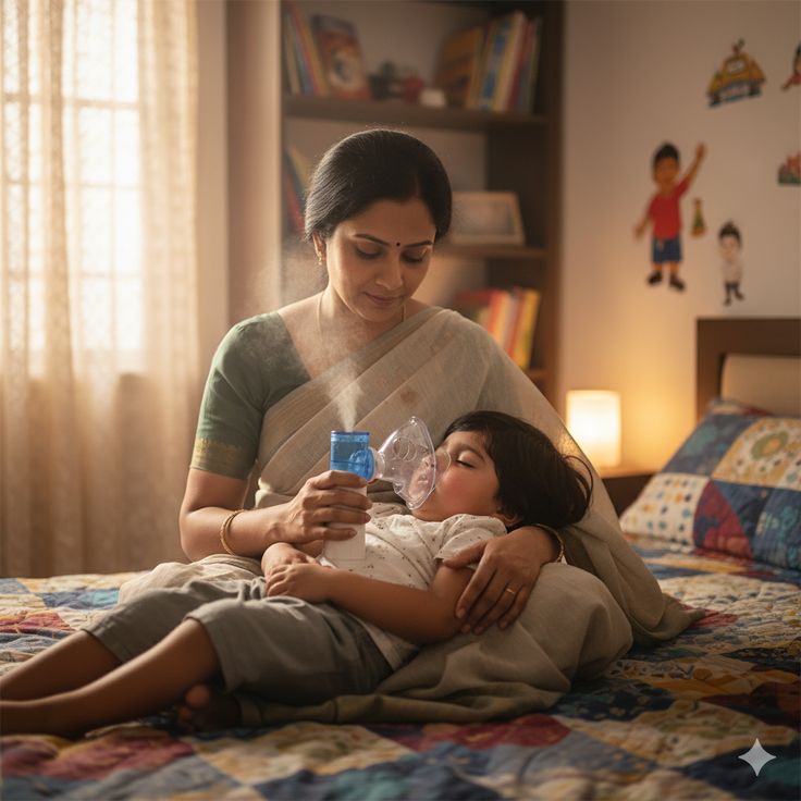 Woman holding a child on a bed with colorful bedding, surrounded by books and children's drawings.