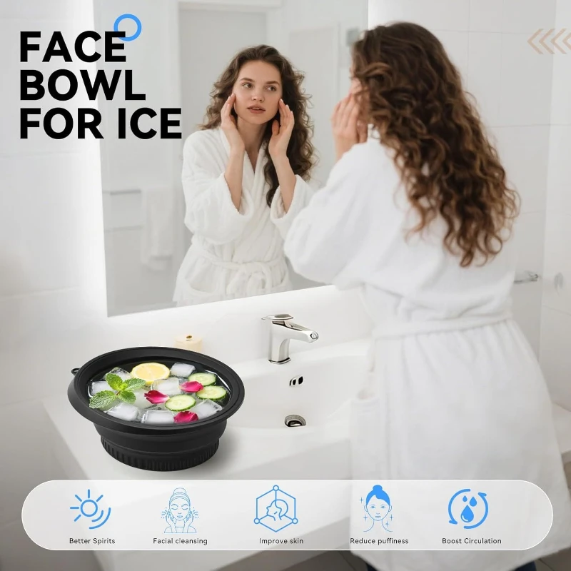 Woman in a bathrobe using a face bowl for ice in a bathroom setting.