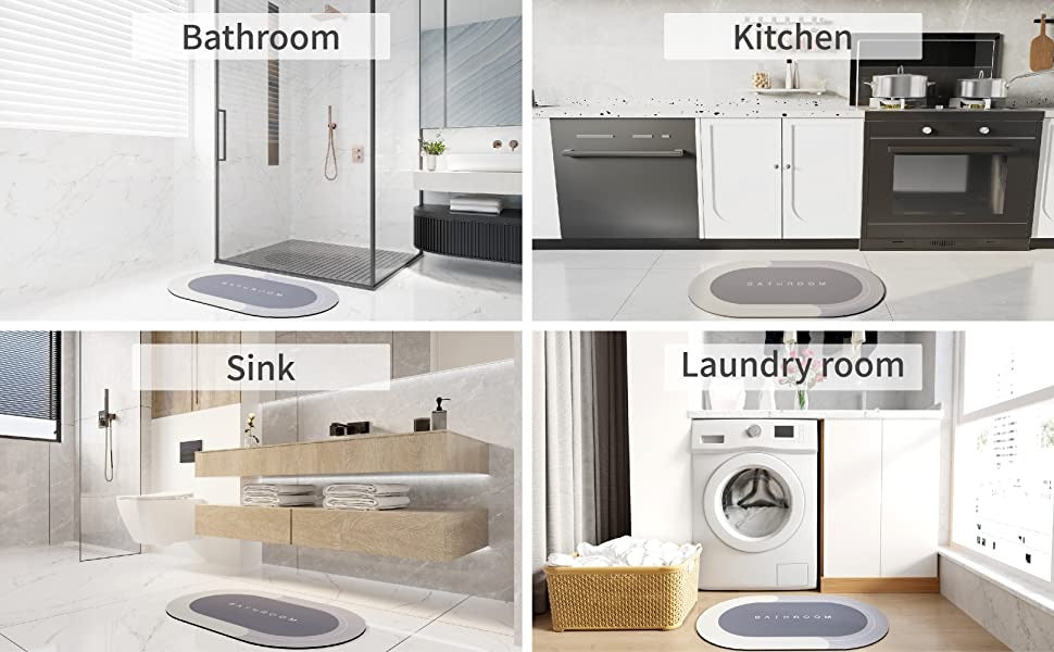 Collage of different rooms labeled as Bathroom, Kitchen, Sink, and Laundry room with corresponding floor mats.