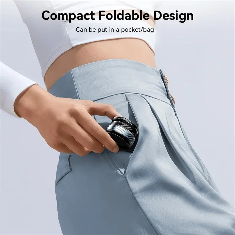 Compact foldable design product being put into a pocket with text on a light gray background