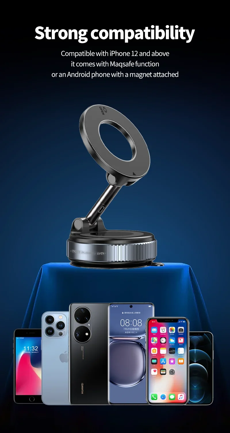 Phone holder with compatibility text and smartphone images on a blue background
