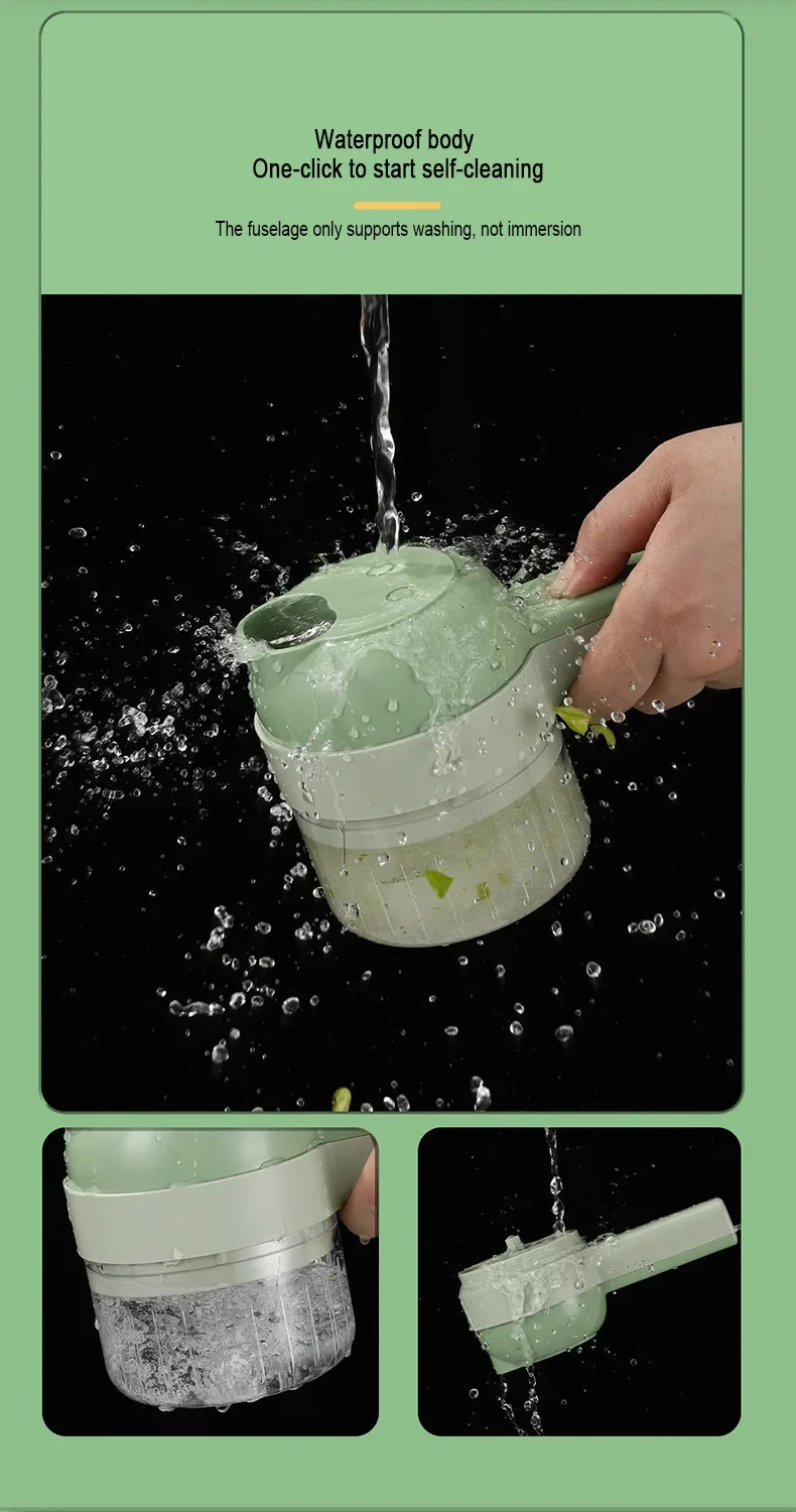 Hand holding a green cleaning device with water splashing, on a green background.