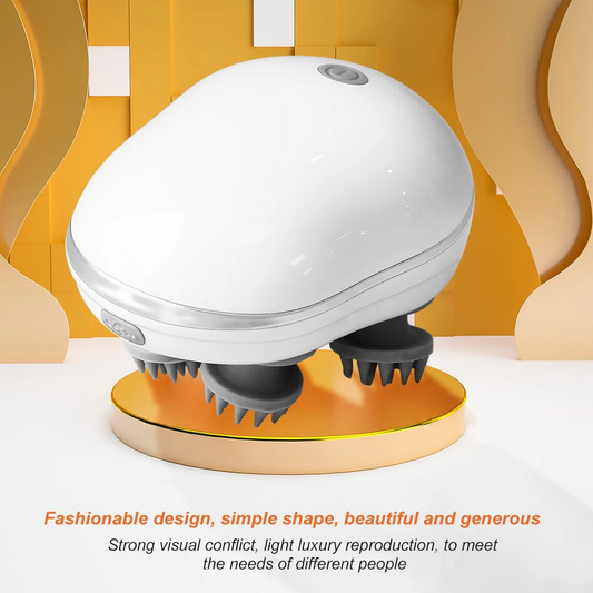 White and gray device on a stand with a yellow background