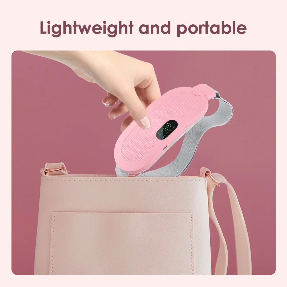 Pink hand warmer being placed into a beige handbag with text 'Lightweight and portable'.