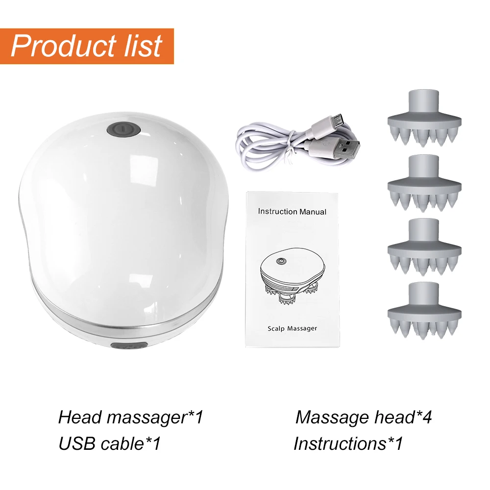  scalp massager set with head massager, massage heads, USB cable, and instructions on a white background