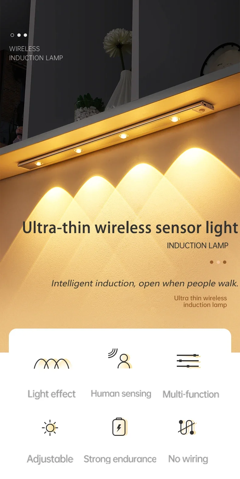 Ultra-thin wireless sensor light with features highlighted on a dark background
