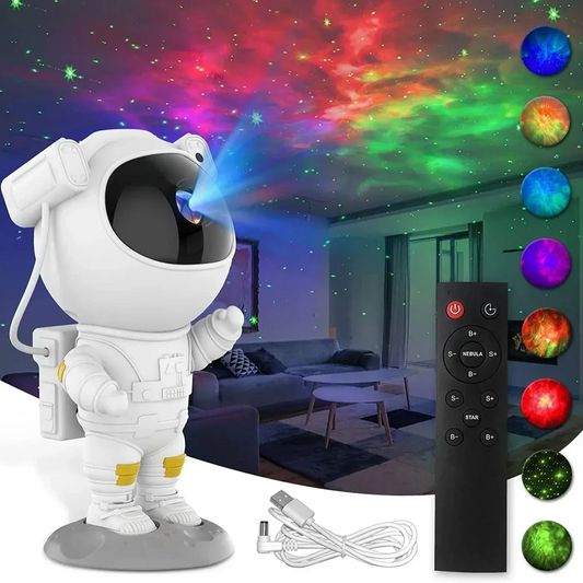 Astronaut-shaped night light projector with remote control and colorful LED lights in a room setting.