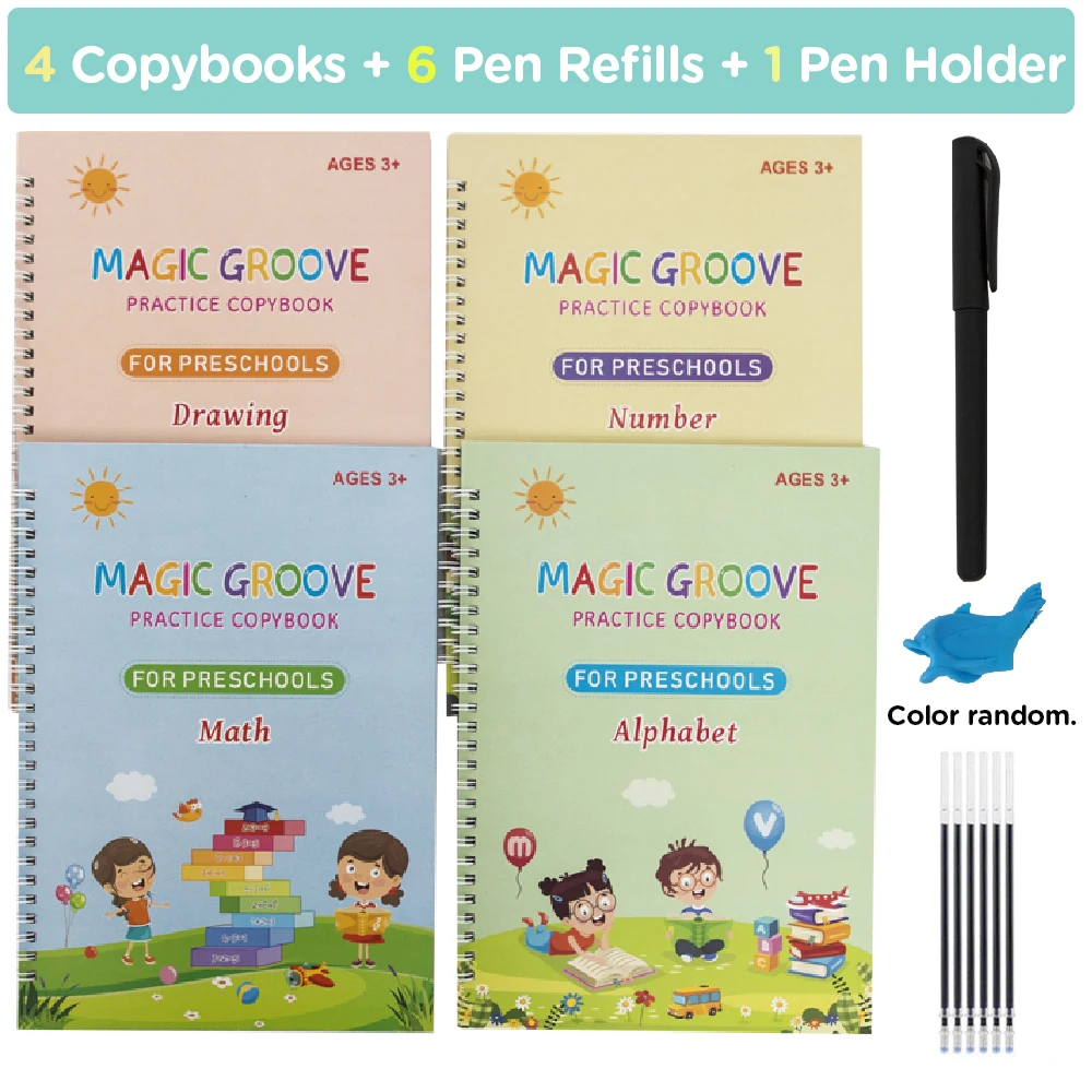 Four 'Magic Groove' practice copybooks with a pen holder and pen refills on a white background.