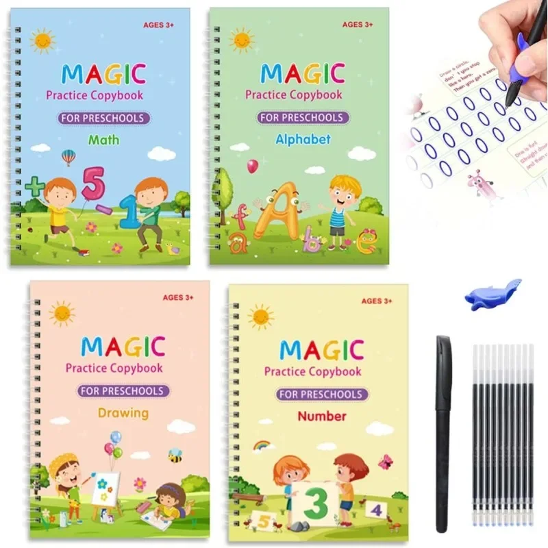 Four colorful 'Magic Practice Copybook' for preschools with a pen and paper on a white background.