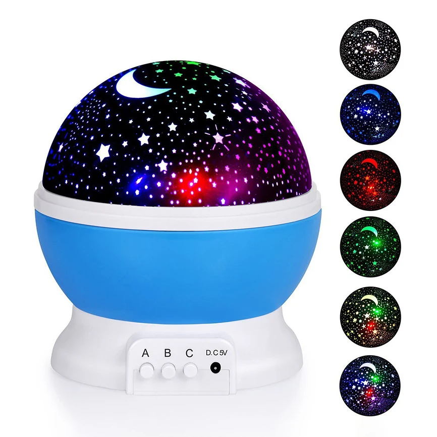 Colorful starry night light projector with multiple color options displayed on a white background