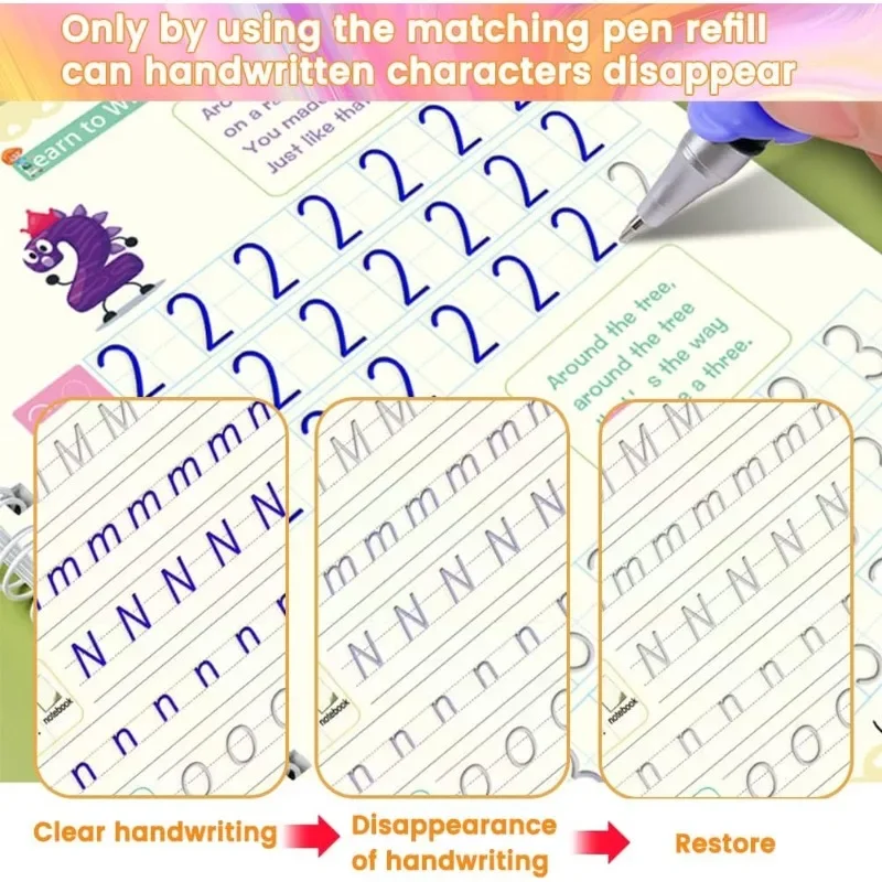 Handwriting practice sheets with a pen and text indicating the pen's function.