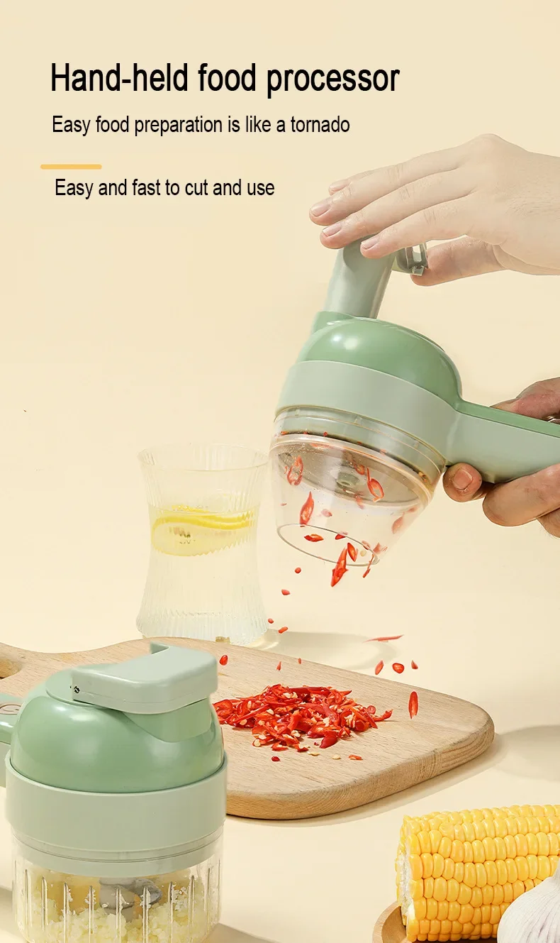 Hand-held food processor being used to chop vegetables on a wooden cutting board.