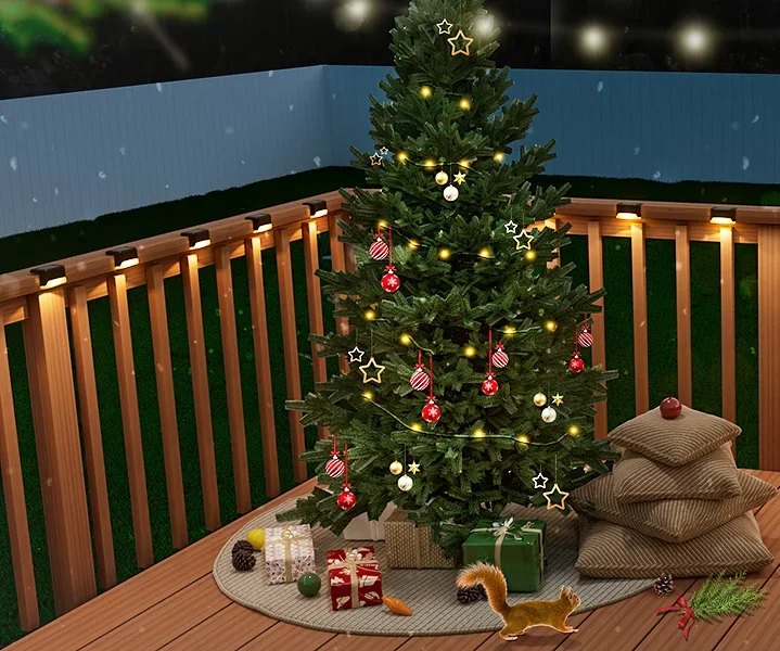 Multiple Solar LED Deck Lights Illuminating Outdoor Railing at Night

