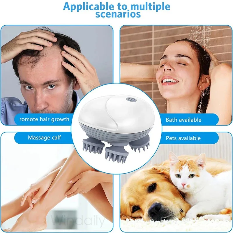 Product with various uses including hair care, massage, bath, and pet care, shown in a collage format.
