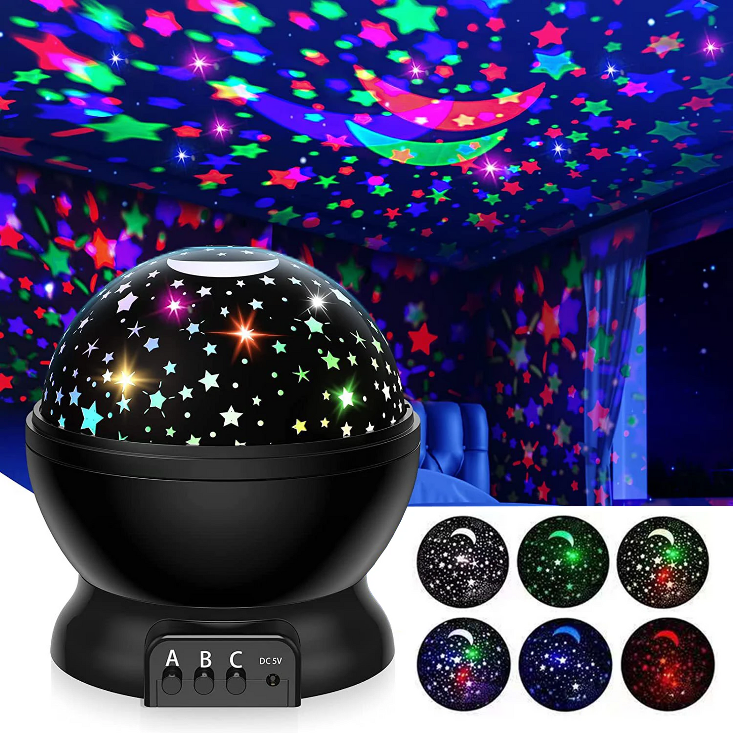 Colorful star projector with LED lights on a dark background