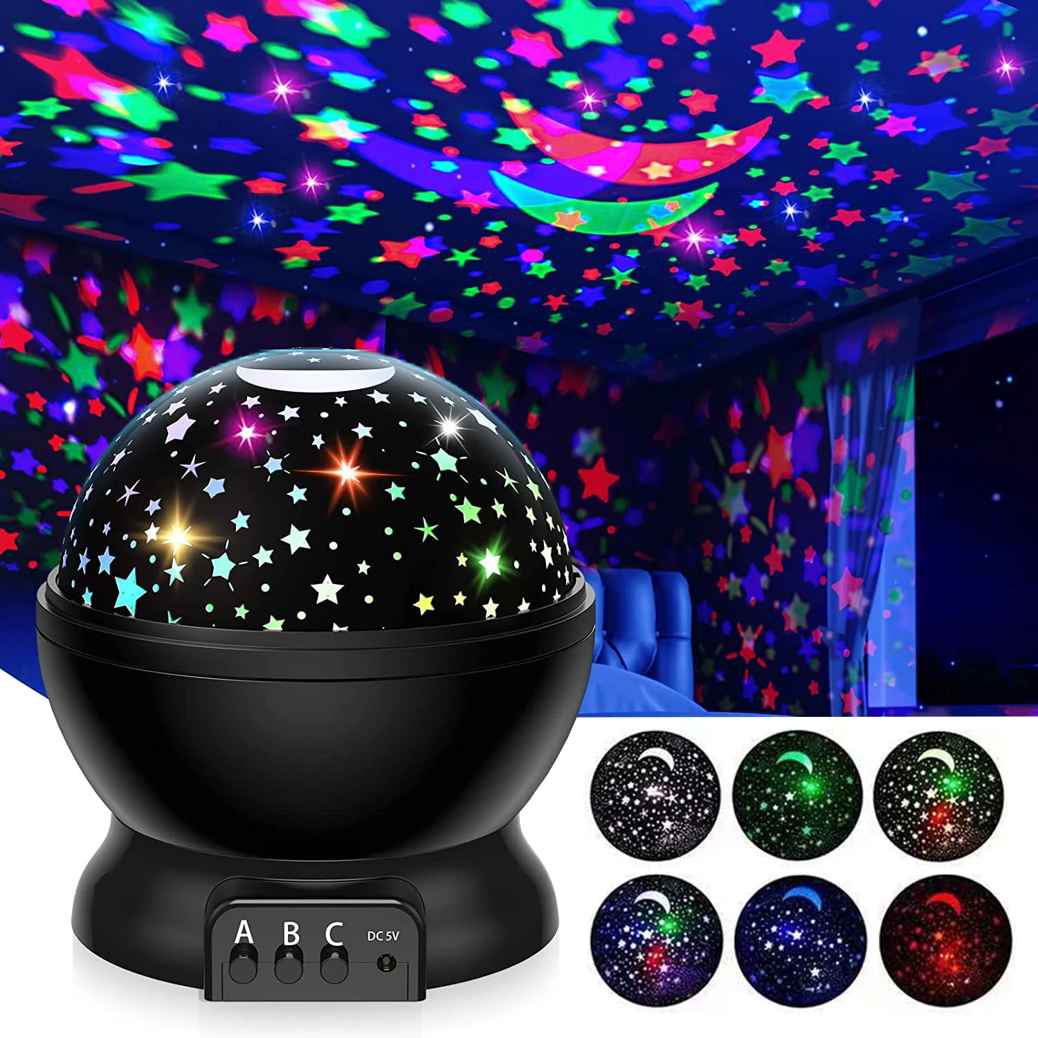 Colorful star projector with LED lights on a dark background