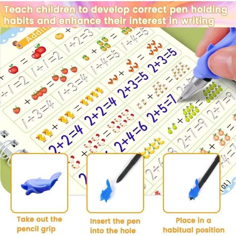 Educational mat with numbers and fruits, featuring a pen holder and pen for children.