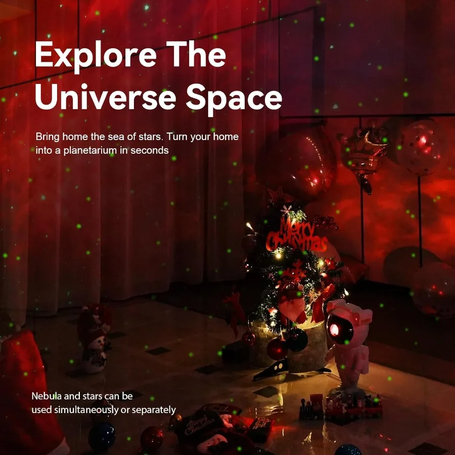 Room with a Christmas tree, decorations, and text about exploring space and creating a planetarium effect.