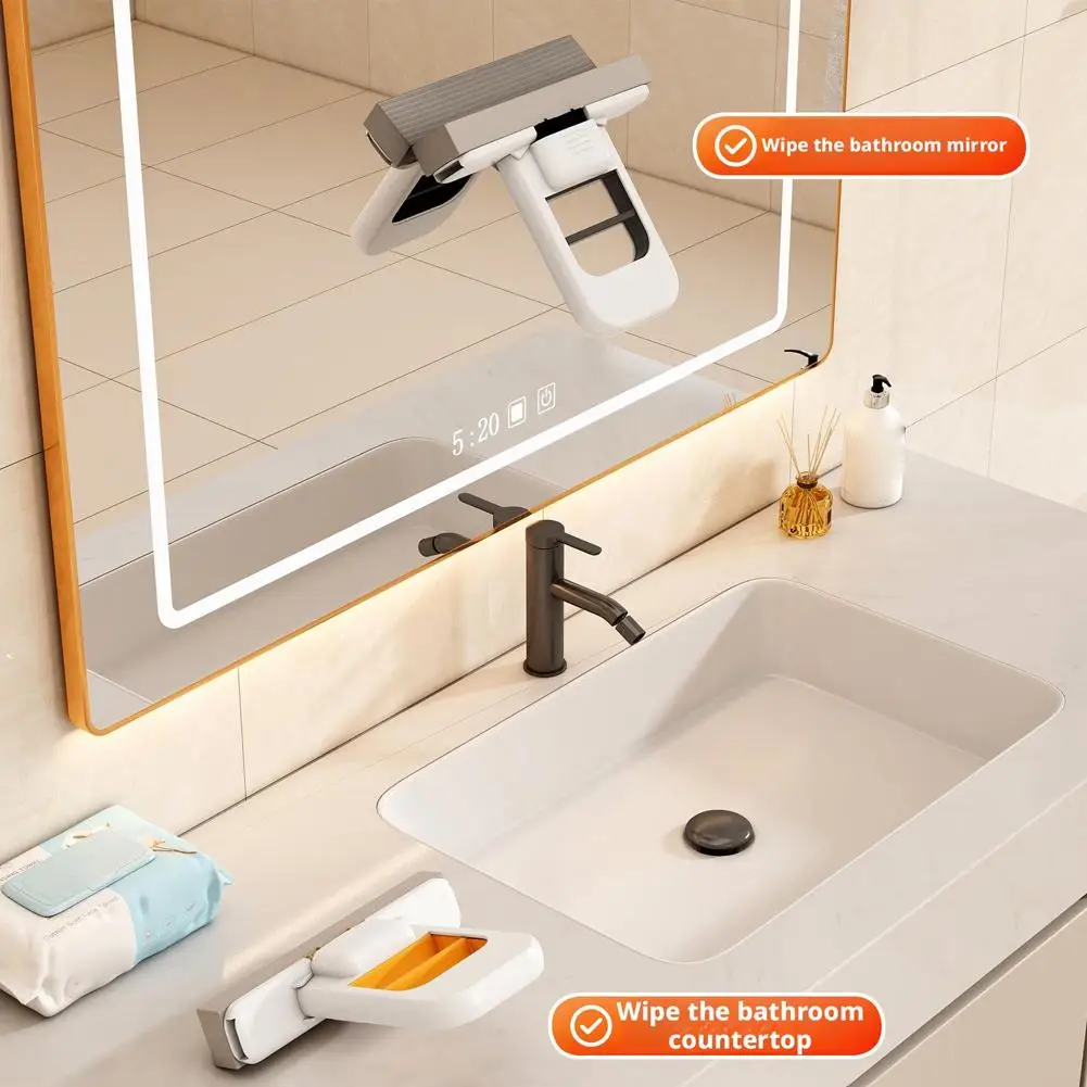 Mini mop placed beside faucet to show small footprint and easy storage in kitchen or bathroom.