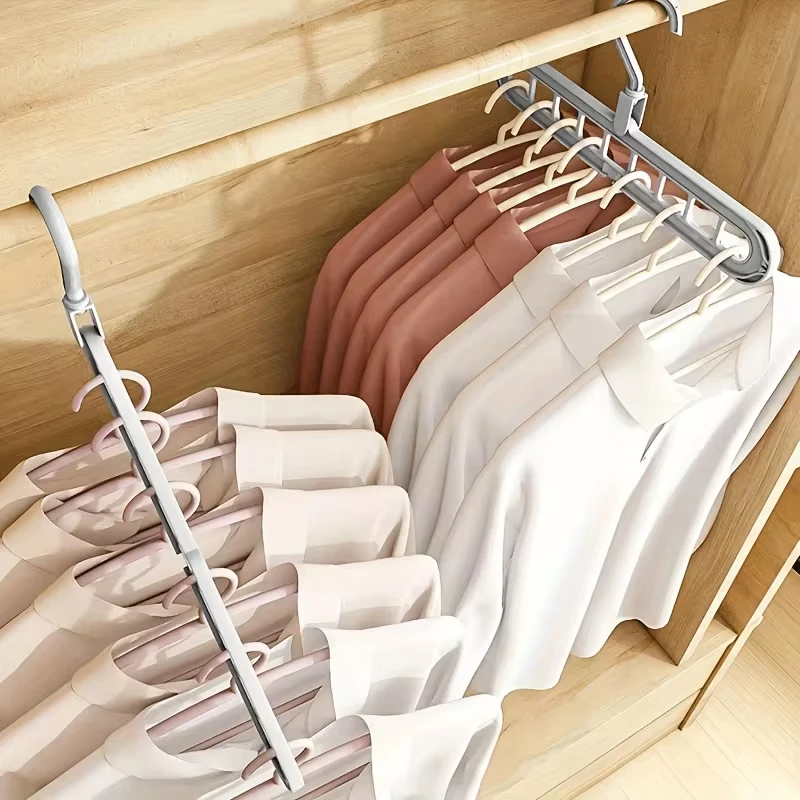 Large multi-color heavy duty plastic folding hangers organizing colorful clothes, product size and features displayed.
