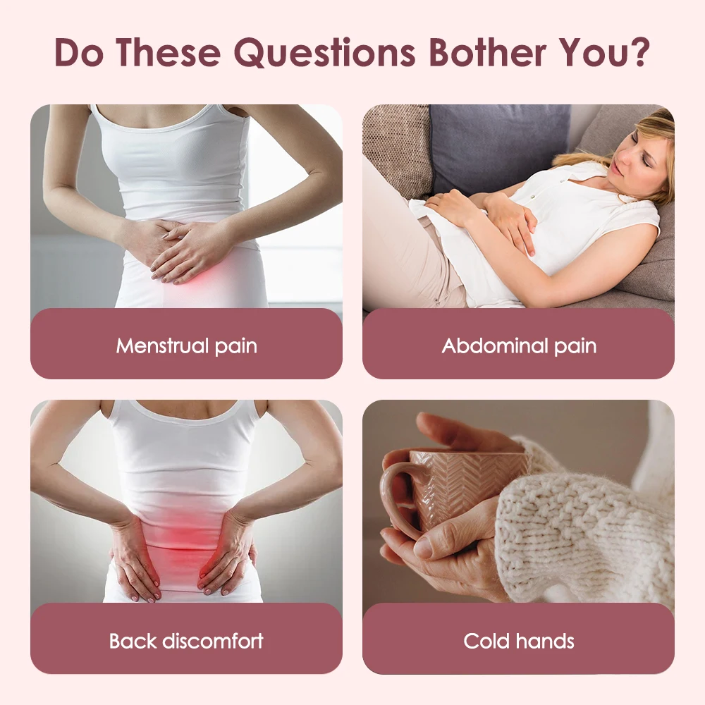 Four images showing symptoms like menstrual pain, abdominal pain, back discomfort, and cold hands with text asking if these bother you.