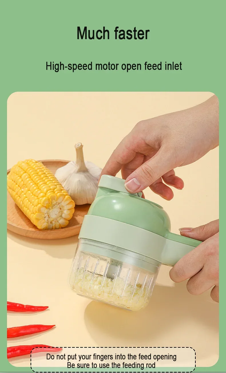 Hand using a green kitchen tool with text about a high-speed motor open feed inlet.