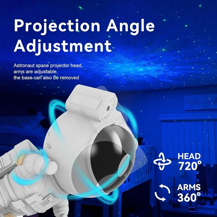 Astronaut space projector head with adjustable arms and base, projected onto a ceiling.