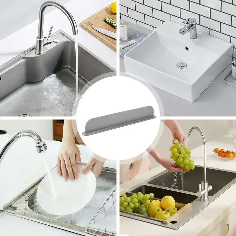 Collage of kitchen sinks and faucet usage scenarios.