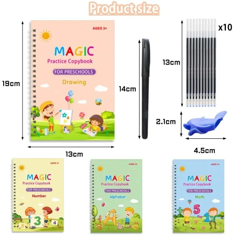 Measurement chart of a children's magic practice copybook, pen, and eraser with product sizes displayed.