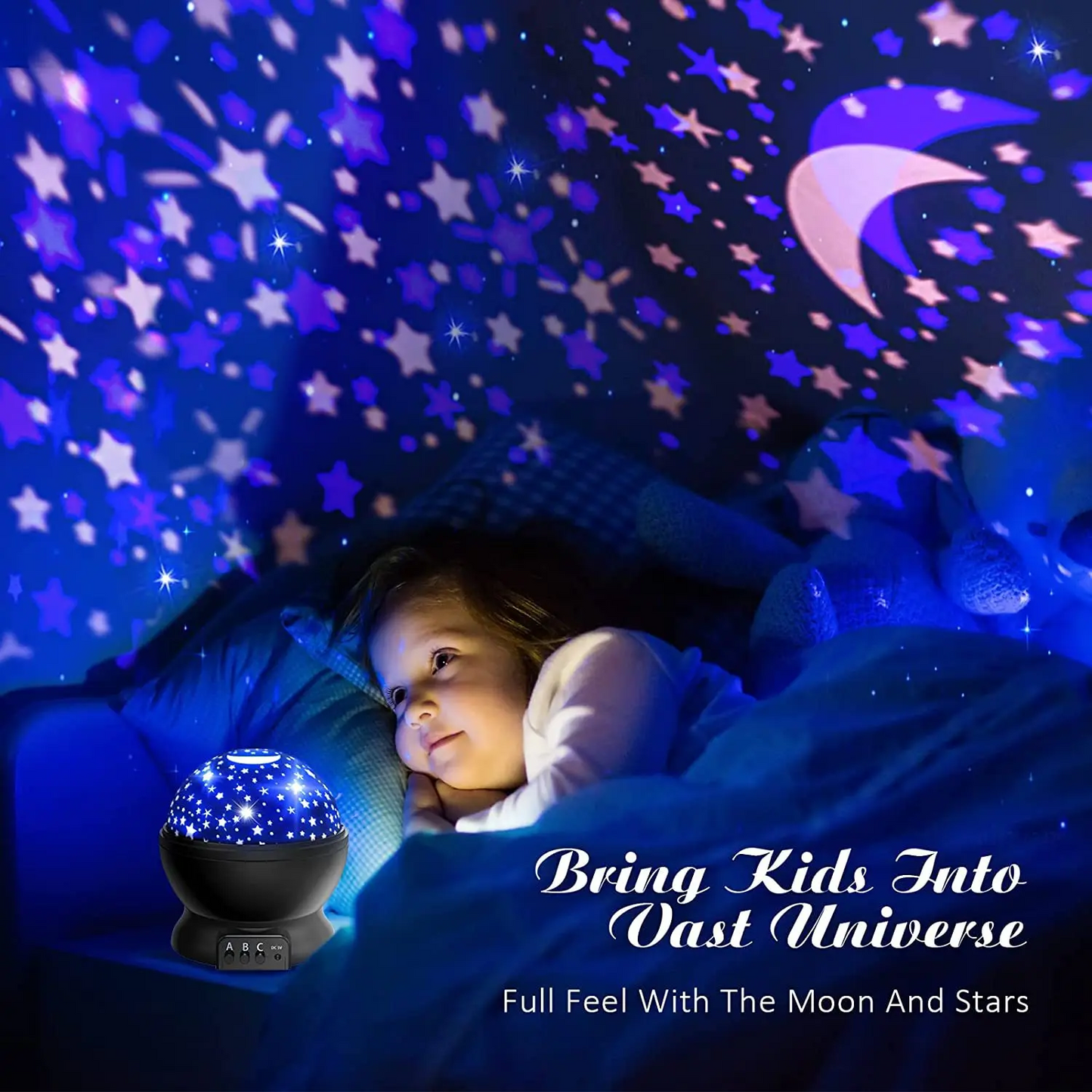 Child lying in bed under a starry night sky projection, with a moon and star projector.