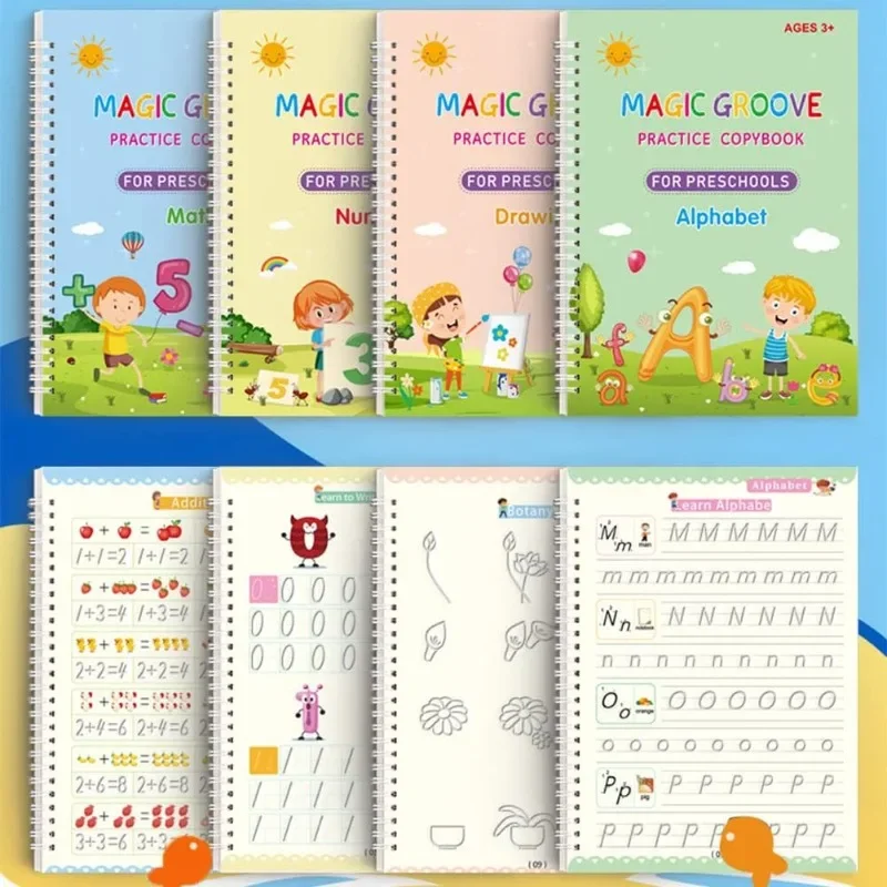 Set of educational practice books for preschoolers with colorful covers and pages.