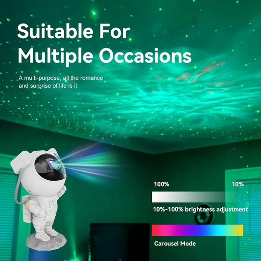 Spaceman figure projecting a green light pattern on a ceiling with text 'Suitable For Multiple Occasions'.