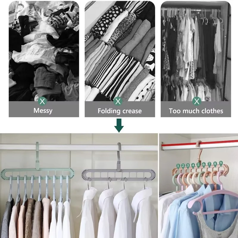 Before and after comparison of a closet with a clothes organizer, showing messiness, folding creases, and excess clothes.