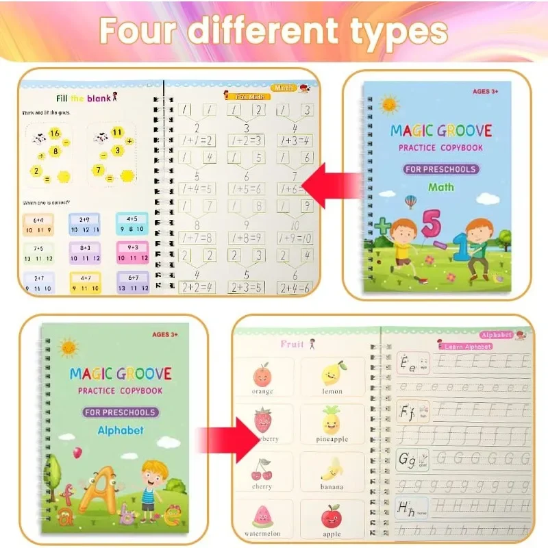 Children's educational practice books with math and alphabet exercises on a colorful background.