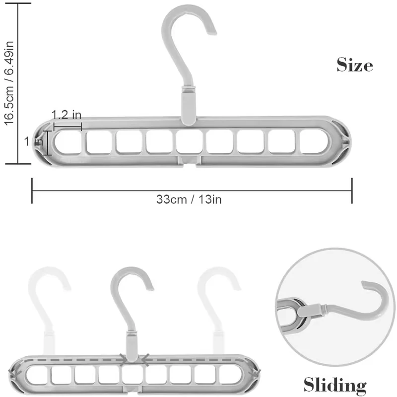 Silver multi-clip hanger with measurements on a white background