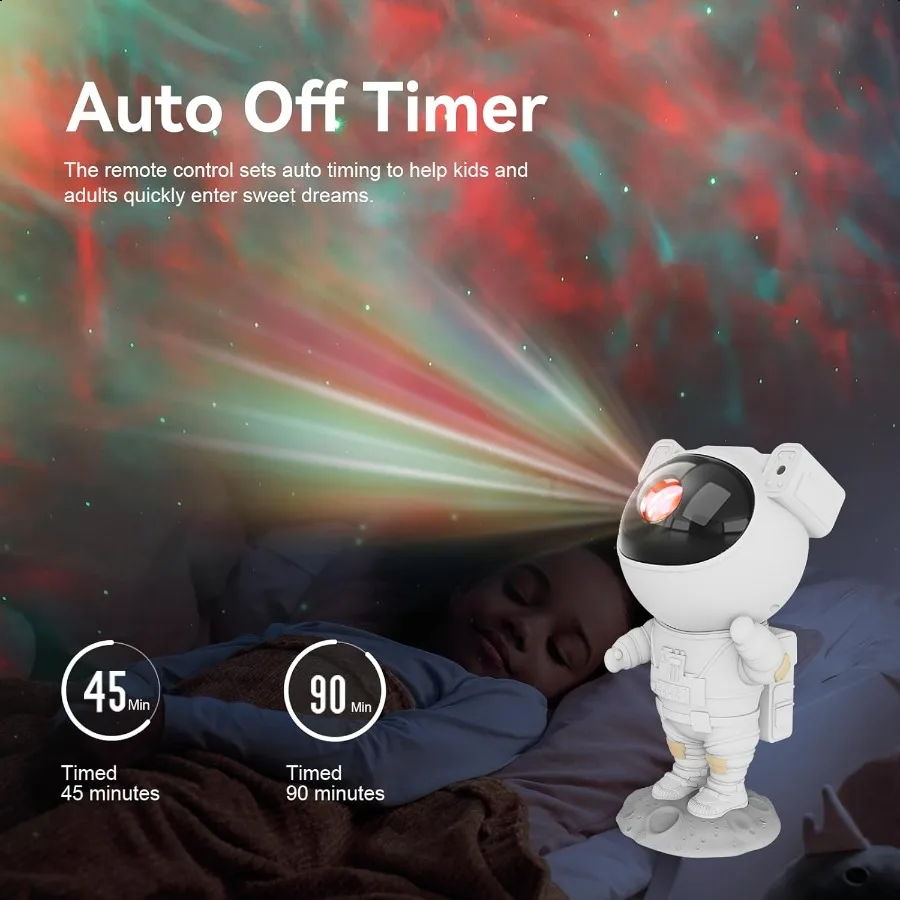 Spaceman night light with auto off timer feature on a dark background