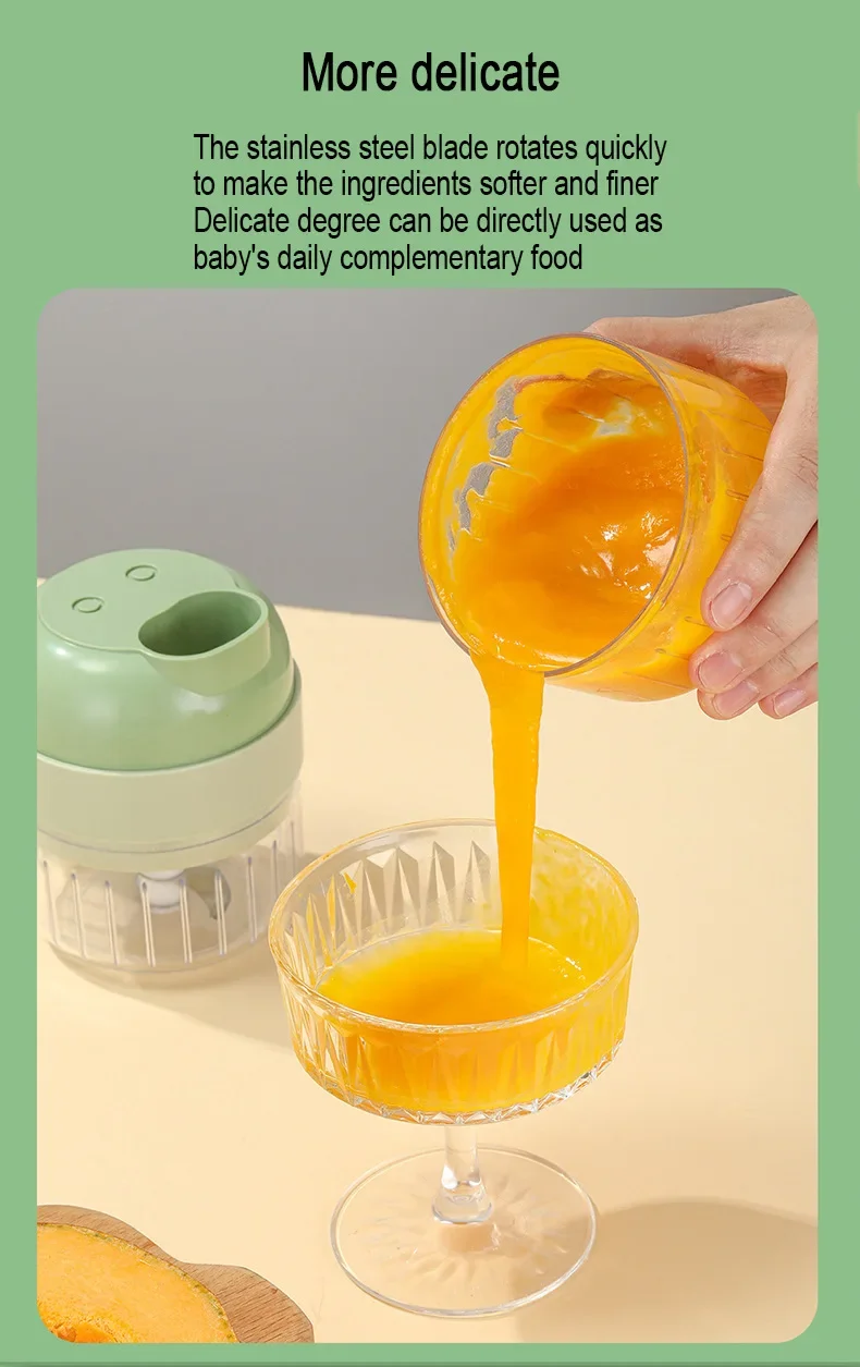 Orange juice being poured from a juicer into a glass with text about the juicer's features.