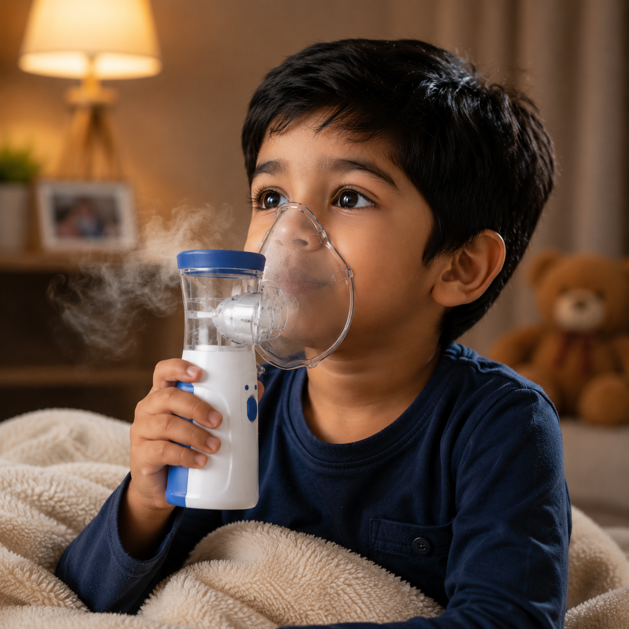 A young boy wearing a clear face mask inhales from a handheld nebulizer device with a blue cap and white body, sitting under a warm blanket in a cozy bedroom setting.