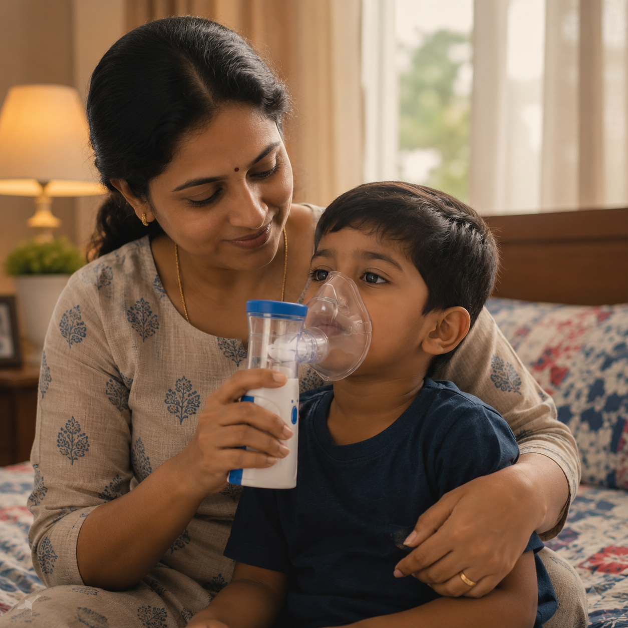 A woman sitting on a bed with a young boy wearing a clear nebulizer mask while the woman holds a white medicine bottle with a blue cap.