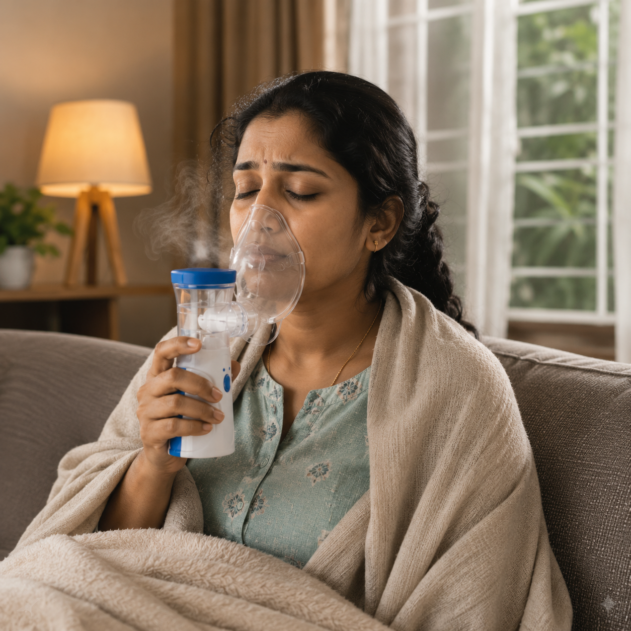 A woman wrapped in a beige blanket sits on a couch at home, using a handheld nebulizer with a clear face mask. She wears a light blue patterned top, with a lamp and window in the background.