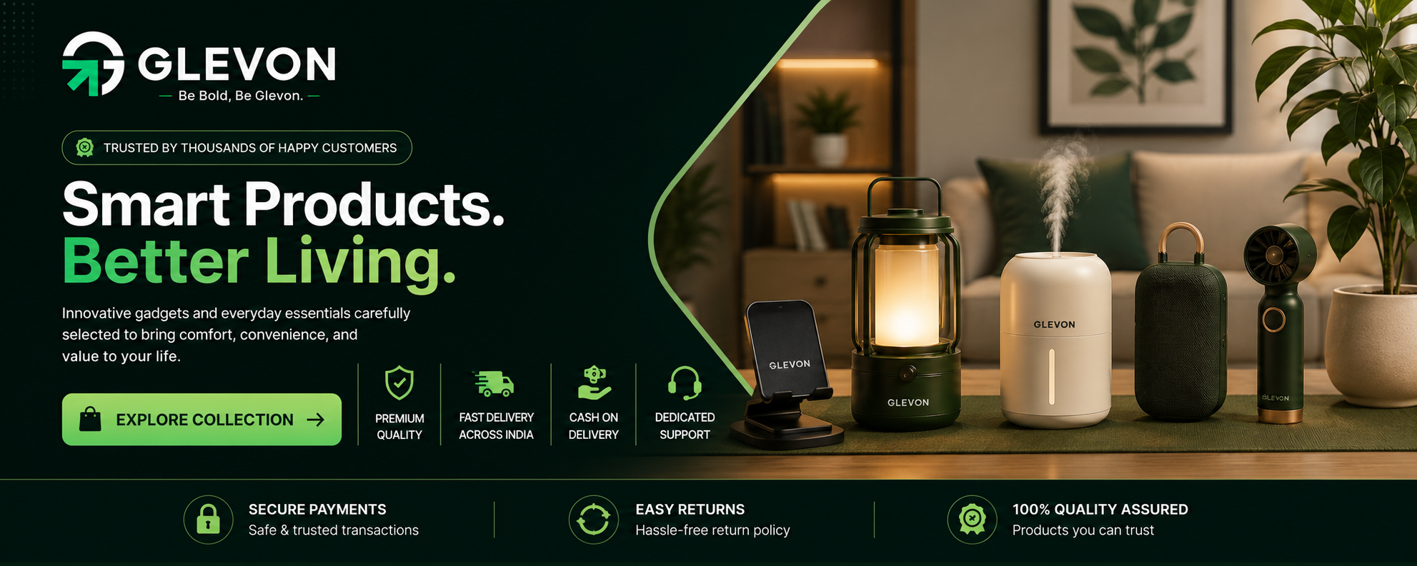 Glevon smart home and wellness product collection banner featuring a lantern, humidifier, diffuser, and other devices on a wooden table in a modern living room setting, with promotional text on a dark green background.