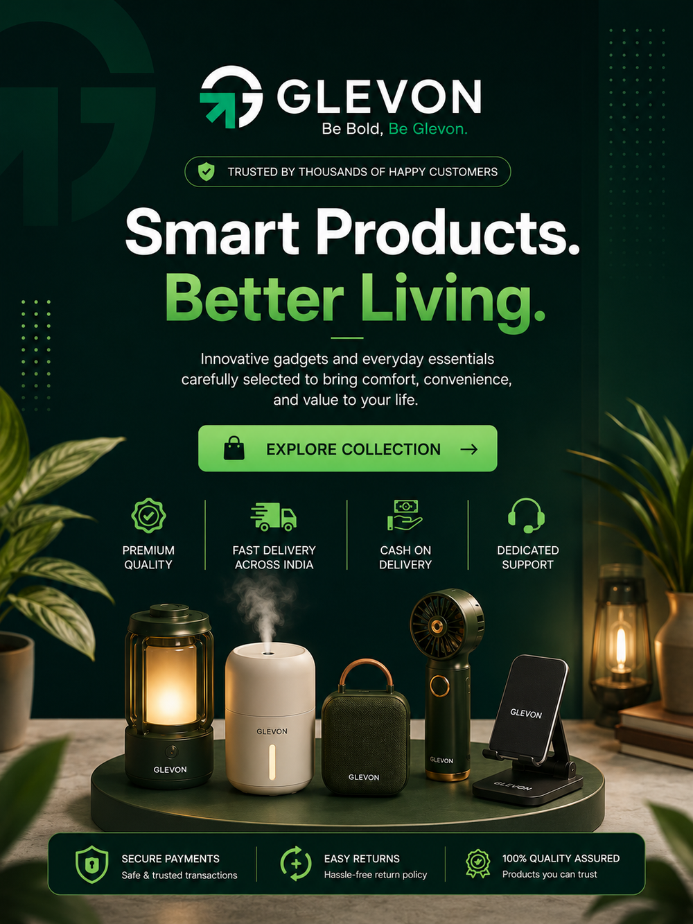 A promotional banner for GLEVON smart home and camping products, featuring a collection of devices including lanterns, a humidifier, a small fan, and a phone stand on a dark green background with text overlays and lifestyle props like plants and lamps.